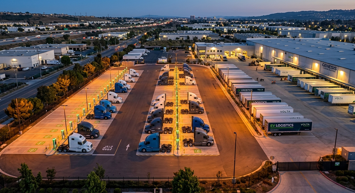 Electric truck depot at dusk with multiple Class 8 tractors in charging bays