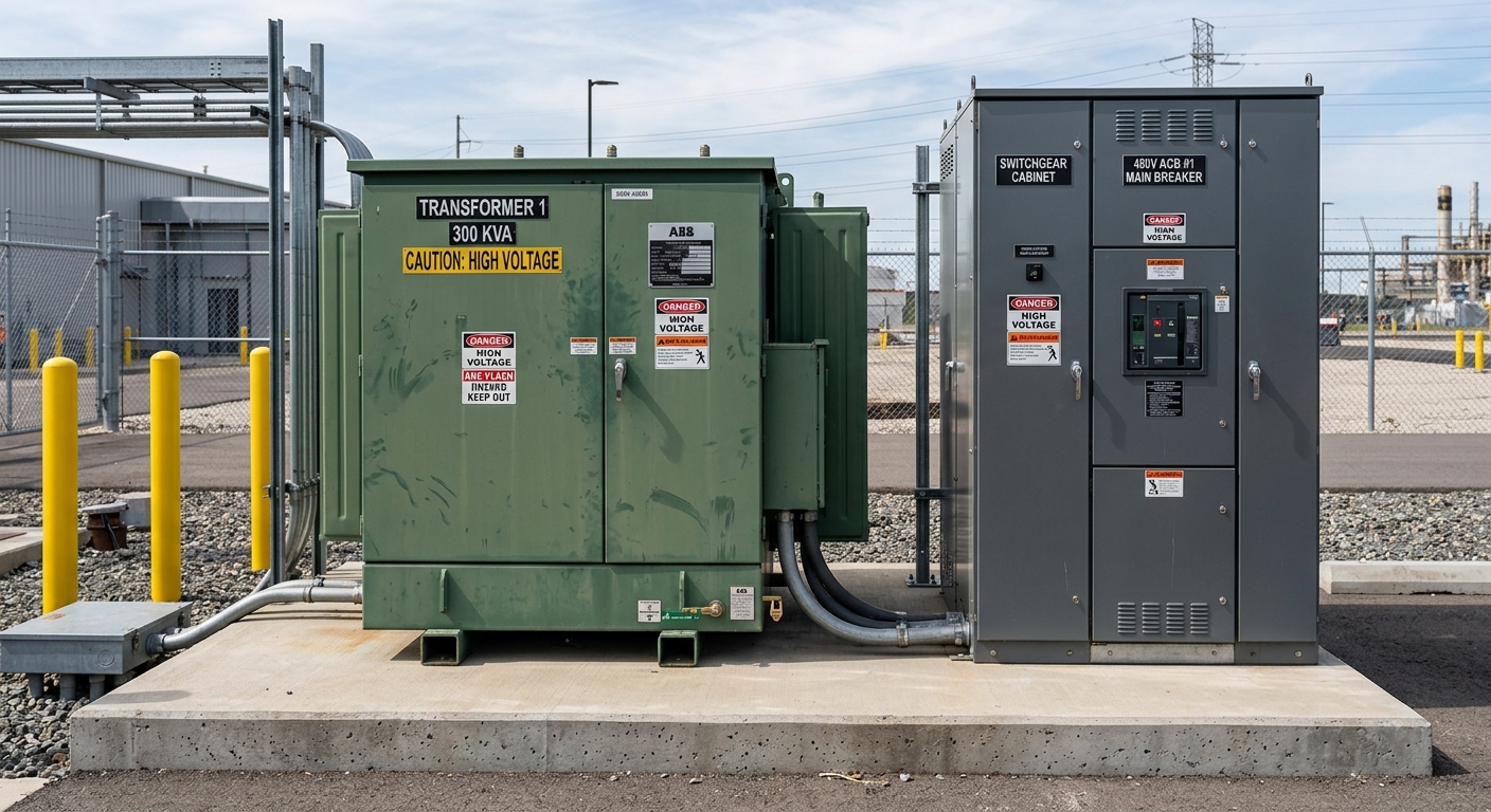 Pad-mounted utility transformer feeding an electric truck charging yard