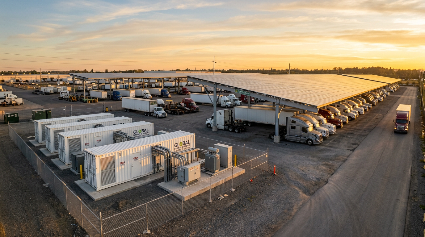 Battery energy storage container next to solar carport at a truck depot
